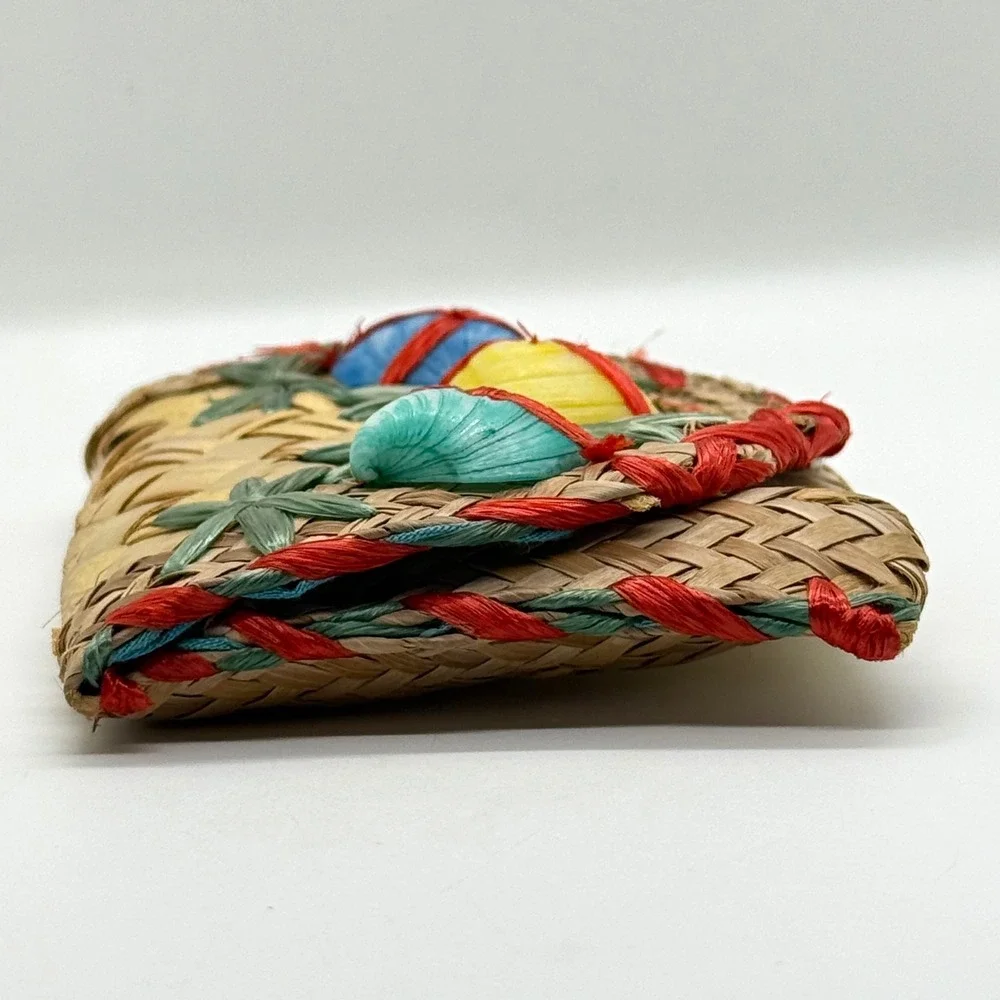 VTG Handwoven‎ Straw Raffia Shell Coin Purse Women Small Tan Multicolor Retro